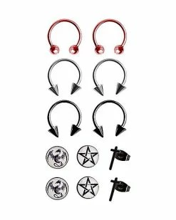 Coupon 🔔 Dragon Pentagram Stud Horseshoe Earring 6 Pack - 18 Gauge 😀