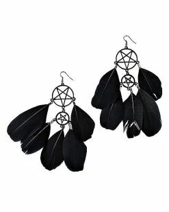 Budget 🌟 Feather Pentagram Dangle Earrings 🛒