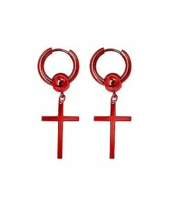 Budget 👏 Red Cross Huggie Dangle Earrings - 18 Gauge 👏