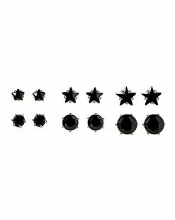 Best deal ✨ Black CZ Star and Circle Stud Earrings 20 Gauge - 6 Pair 🔥