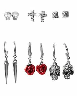 Promo 😉 Multi-Pack Skull and Rose Hoop and Stud Earrings – 6 Pair ⌛