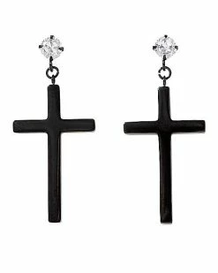 Cheap ⌛ CZ Black Cross Dangle Stud Earrings – 20 Gauge 👍