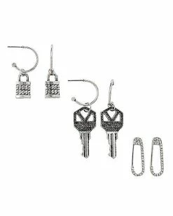Wholesale 🔔 Multi-Pack CZ Lock Key and Safety Pin Earrings - 3 Pair 🎁