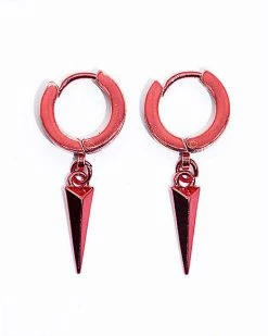 Flash Sale 🧨 Red Spike Dangle Huggie Hoop Earrings – 18 Gauge 🔥