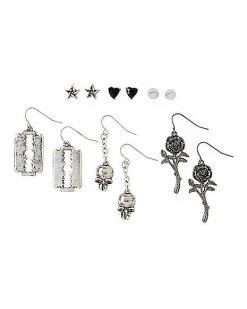 Promo ⭐ Multi-Pack Razor Rose and Skull Earrings - 6 Pack 👍