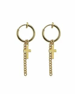 Outlet 😉 Cross Goldtone Dangle Fake Hoop Earrings – 16 Gauge 😉