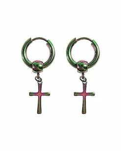 Cheapest 🔥 Matte Rainbow Cross Dangle Huggie Hoop Earrings - 18 Gauge 🥰