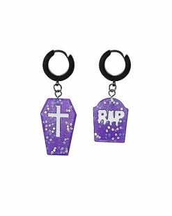 Top 10 🧨 Purple Headstone and Coffin Dangle Huggie Hoop Earrings - 18 Gauge ⌛