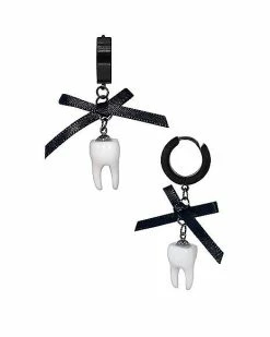 Top 10 😉 Tooth and Bow Dangle Huggie Hoop Earrings - 18 Gauge 🔥