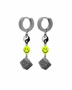 Best Pirce 🔔 Yin Yang Smiley Dice Dangle Huggie Hoop Earrings - 18 Gauge 🔥