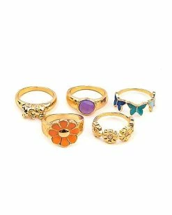 Coupon ⌛ Multi-Pack Flower Butterfly Gem Rings 5 Pack ❤️