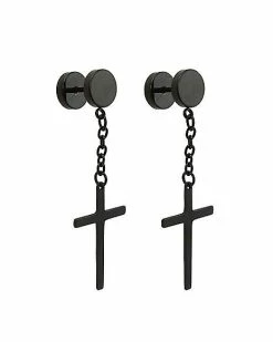Best Pirce 🔥 Black Cross Chain Dangle Fake Plugs - 18 Gauge 🔥