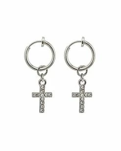 Buy 🛒 CZ Silvertone Cross Dangle Clip On Hoop Earrings ❤️