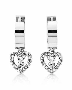 Coupon 🎉 Playboy Bunny Clear Gem Heart Hoop Dangle Earrings - 20 Gauge 👏