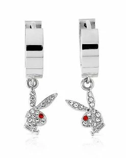 Hot Sale 🌟 Playboy Bunny Silvertone Clear and Red Gem Huggie Hoop Dangle Earrings ⭐