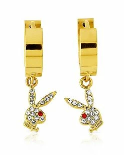 Promo ⭐ Playboy Bunny Goldtone Clear and Red Gem Huggie Hoop Dangle Earrings 😍