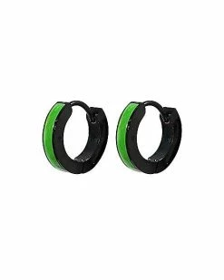 Discount 🔔 Glow in the Dark Green and Black Huggie Hoop Earrings - 18 Gauge 🛒