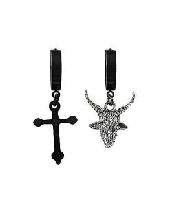 Budget ⌛ Baphomet and Cross Huggie Dangle Earrings - 18 Gauge 😍