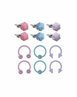 Best deal 🎉 Mutli-Pack Pink Blue and Purple Dice Stud Earrings Captive and Horseshoe Rings 12 Pack - 18 Gauge 👍