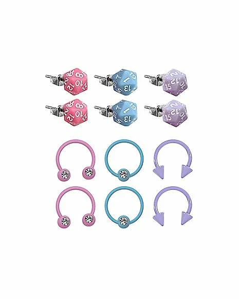 Best deal π Mutli-Pack Pink Blue and Purple Dice Stud Earrings Captive and Horseshoe Rings 12 Pack - 18 Gauge π