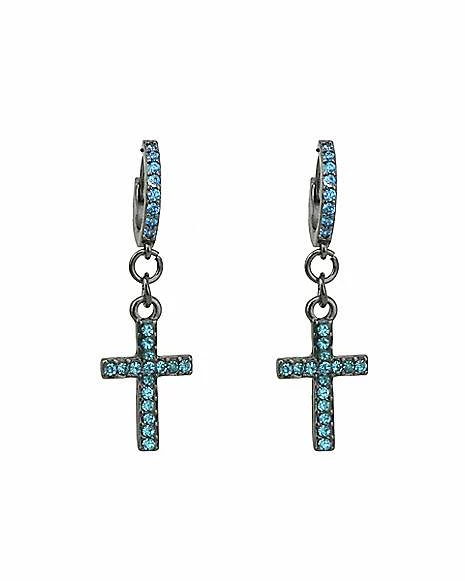 Wholesale π CZ Aqua Cross Huggie Hoop Dangle Earrings - 18 Gauge π 3 Wholesale π CZ Aqua Cross Huggie Hoop Dangle Earrings - 18 Gauge π