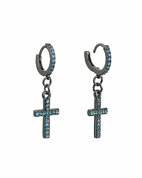 Wholesale π CZ Aqua Cross Huggie Hoop Dangle Earrings - 18 Gauge π 4 Wholesale π CZ Aqua Cross Huggie Hoop Dangle Earrings - 18 Gauge π - Image 2