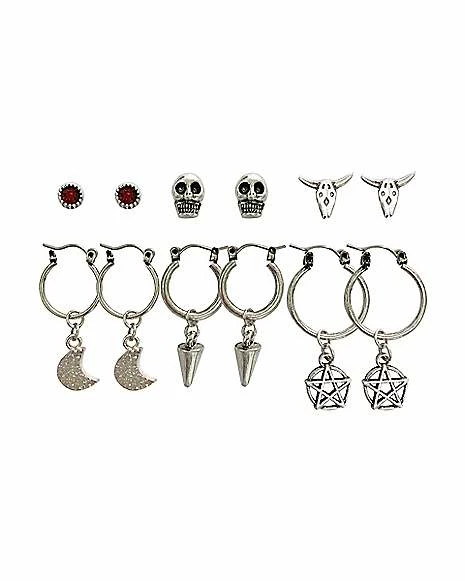 Cheapest 🥰 Multi Pack Moon Pentagram Skull Hoop Dangle and Stud Earrings - 6 Pack 🎁 3 Cheapest 🥰 Multi Pack Moon Pentagram Skull Hoop Dangle and Stud Earrings - 6 Pack 🎁