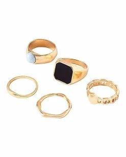 Promo 😀 Multi-Pack Black Signet and White Stone Stackable Rings - 5 Pack ❤️