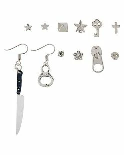Best Sale 🎉 Multi-Pack Knife Zipper Handcuff Mismatch Dangle and Stud Earrings - 6 Pairs 🔥