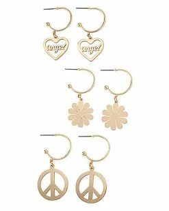 Budget 😍 Multi-Pack Angel Flower and Peace Sign Huggie Hoop Earrings - 3 Pairs 🎁