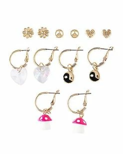 Wholesale ✨ Multi-Pack Goldtone Ying Yang Mushroom and Heart Hoop Dangle and Stud Earrings - 6 Pairs ✔️