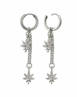 Best Pirce 💯 Double Weed Leaf Dangle Huggie Hoop Earrings - 18 Gauge 💯