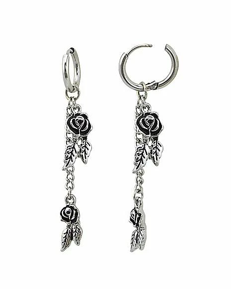 Cheap 🎉 Double Rose Dangle Huggie Hoop Earrings - 18 Gauge 🌟 3 Cheap 🎉 Double Rose Dangle Huggie Hoop Earrings - 18 Gauge 🌟