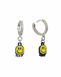 Best Sale 🥰 CZ Melting Smiley Face Dangle Huggie Hoop Earrings - 18 Gauge ✔️