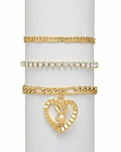 Deals 💯 Multi-Pack Playboy Bunny Goldtone Figaro Chain and Clear Gem Bracelets - 3 Pack 👏
