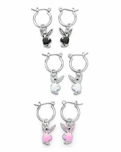 Best Sale 😀 Multi-Pack Black White and Pink Playboy Bunny Hoop Dangle Earrings - 3 Pair ✨