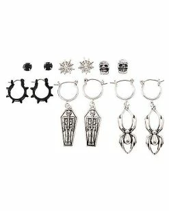 Best Pirce 😀 Multi-Pack Black and Silvertone Coffins Spiders and Skulls Earrings - 6 Pair 🔔