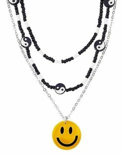 Best deal ✔️ 3 Row Smiley Face Yin Yang Chain Necklace ⭐