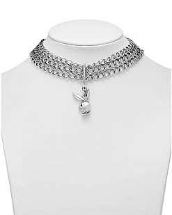 Coupon ⌛ Playboy Bunny Silvertone Triple Strand Curb Chain Choker Necklace ⭐