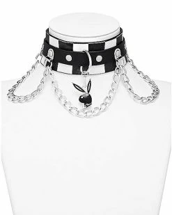 Deals ⭐ Checkered Playboy Bunny Triple Drop Chain Choker Necklace ⭐