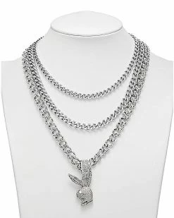 Buy 🎉 CZ 3 Row Silvertone Playboy Bunny Chain Necklace 🎁