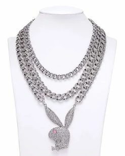 Cheap ⌛ CZ Playboy Bunny Triple Row Figaro Chain Necklace ✨