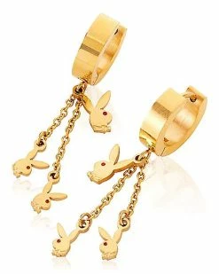 Outlet 🌟 Goldtone Triple Playboy Bunny Chain Dangle Huggie Hoop Earrings 🔥