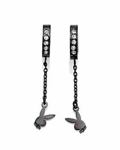 Wholesale 😀 CZ Black Playboy Bunny Chain Dangle Huggie Hoop Earrings 🧨