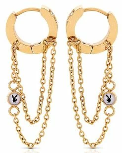 Brand new 🔥 CZ Goldtone Playboy Bunny Double Chain Dangle Huggie Hoop Earrings 🧨