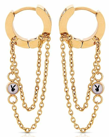 Brand new ๐ฅ CZ Goldtone Playboy Bunny Double Chain Dangle Huggie Hoop Earrings ๐งจ 3 Brand new ๐ฅ CZ Goldtone Playboy Bunny Double Chain Dangle Huggie Hoop Earrings ๐งจ