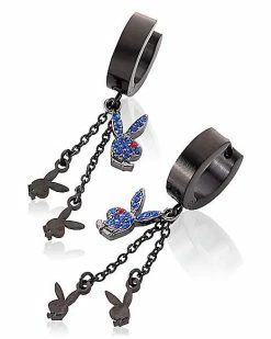 Buy 🛒 Blue CZ Triple Playboy Bunny Chain Dangle Huggie Hoop Earrings ✔️