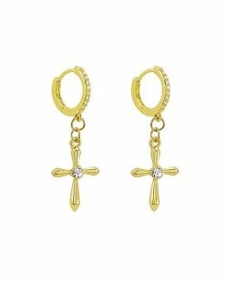Best Sale 😉 CZ Cross Goldtone Chain Dangle Huggie Hoop Earrings - 18 Gauge 😍