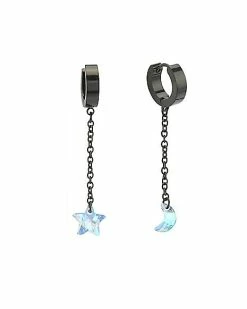 Wholesale 🥰 Black Star and Moon Chain Dangle Huggie Hoop Earrings - 18 Gauge 🎉