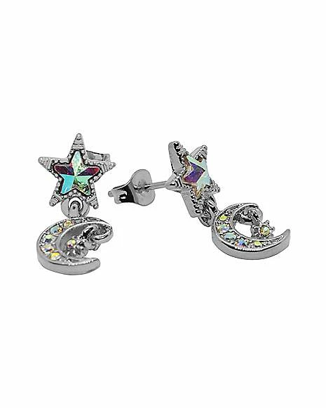 Hot Sale π CZ Star and Moon Pendant Dangle Earrings - 20 Gauge β